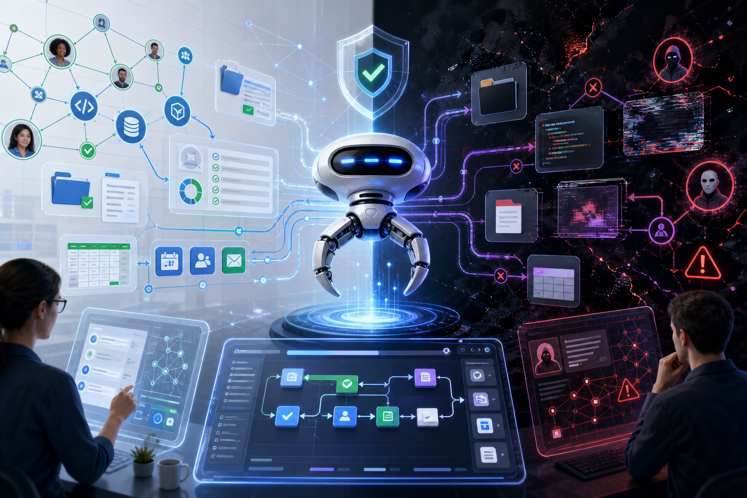 AI security workflow with a robot monitoring data, files, and threat alerts across a split blue-and-red interface
