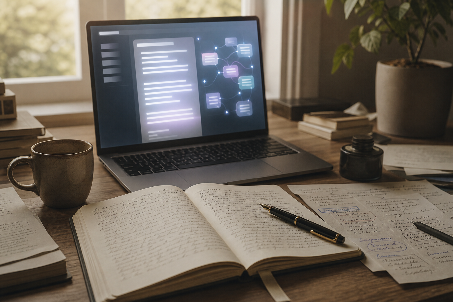 Laptop displaying a document outline beside handwritten notes and a notebook on a desk